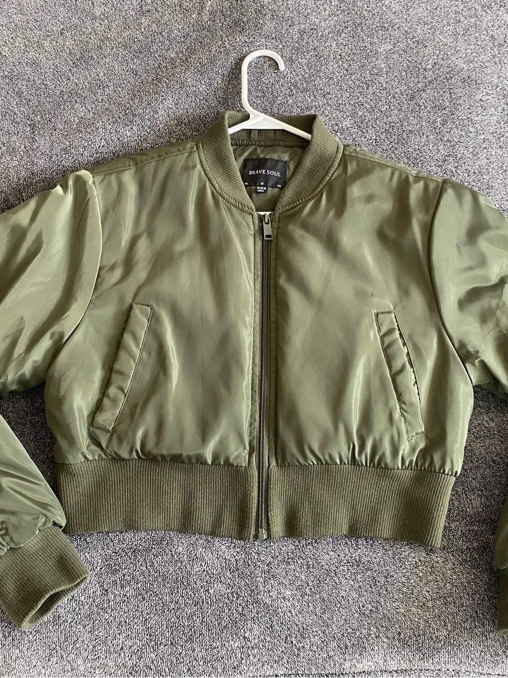 Brave Soul Cropped Olive Green Bomber Jacket